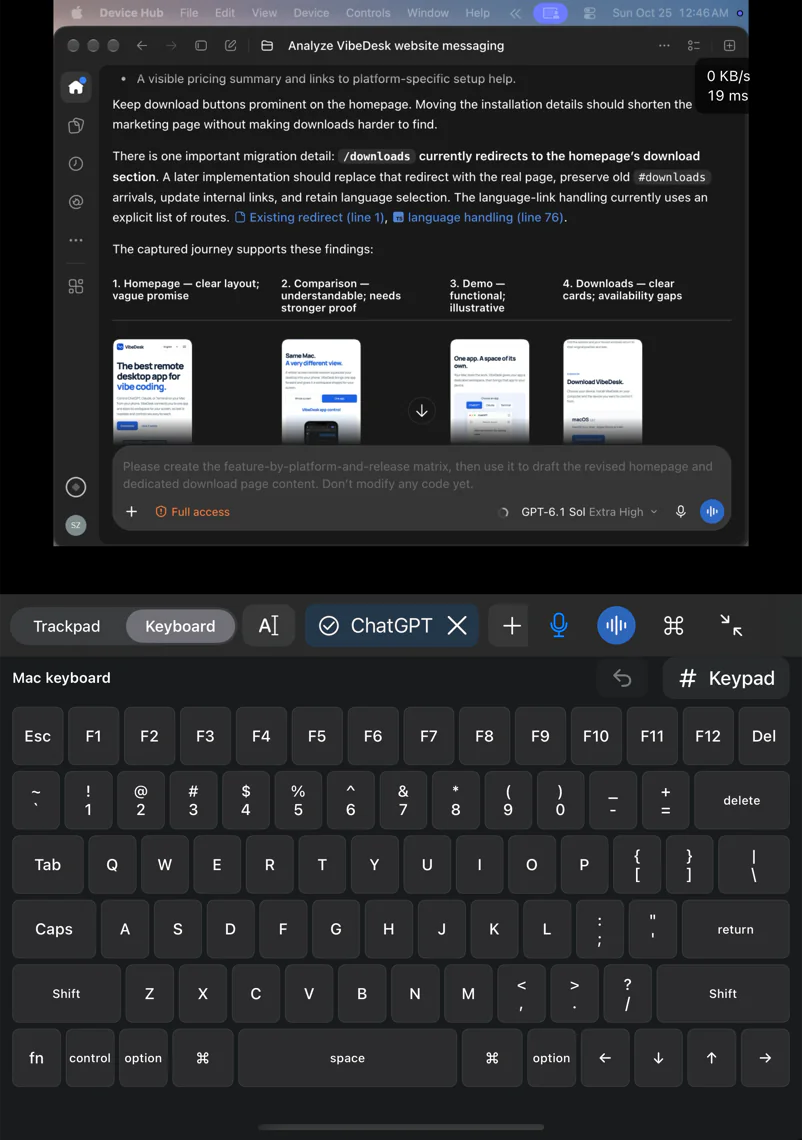 Screenshot: iPhone Duo half-folded, with the remote Mac ChatGPT app on the top screen and a full Mac keyboard on the bottom screen.