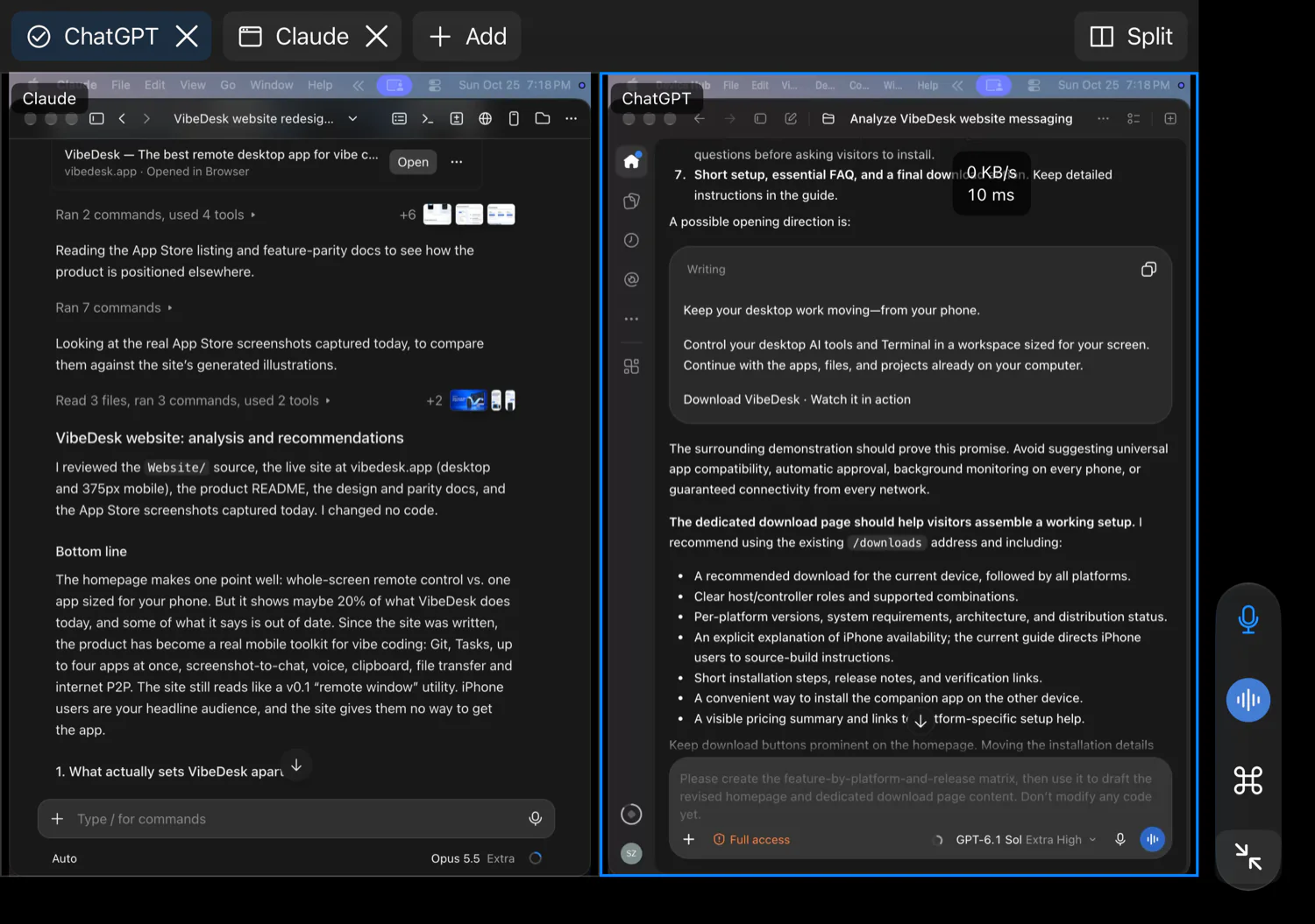 Screenshot: iPhone Duo unfolded, showing Claude and ChatGPT from a Mac side by side in split view, with both apps open as tabs.