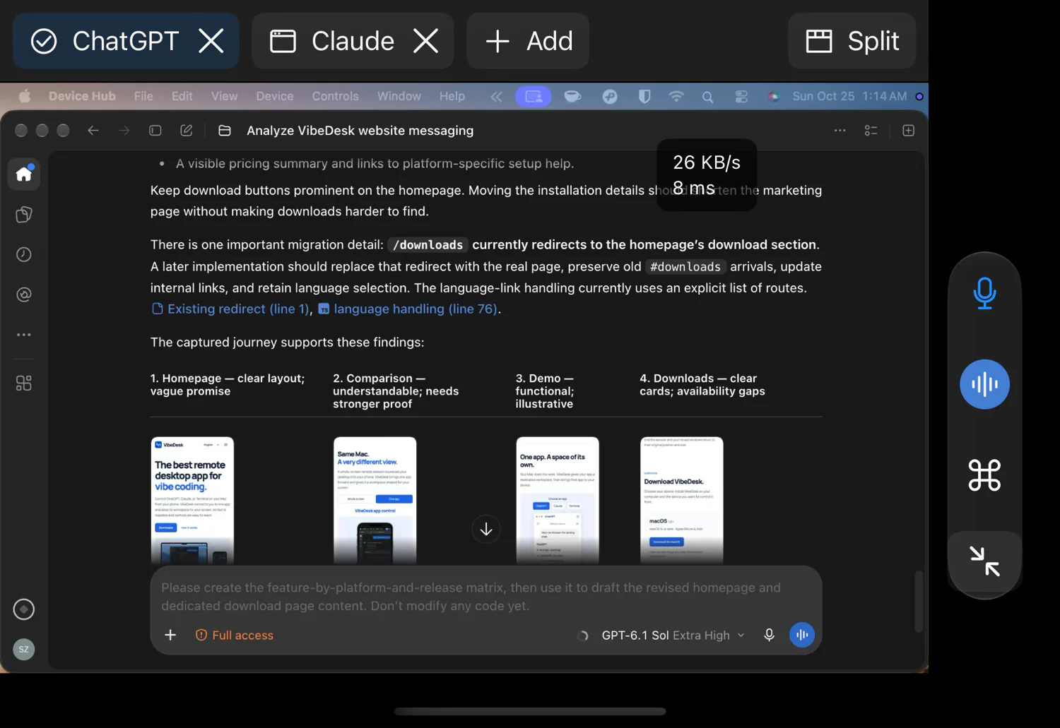 Screenshot: iPhone Duo in landscape showing ChatGPT from a Mac, with ChatGPT and Claude tabs and buttons for dictation, voice chat and shortcuts.