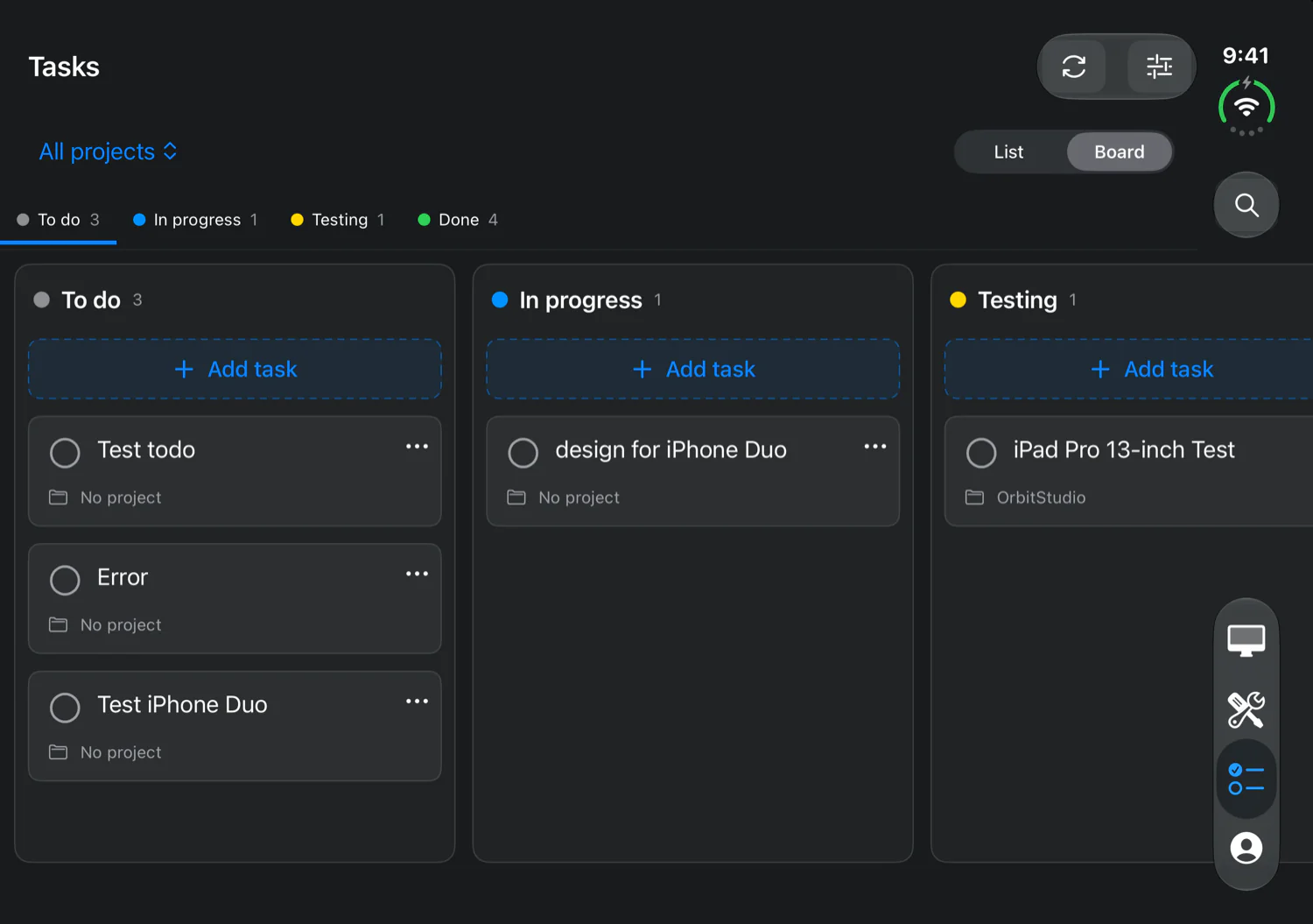 Screenshot: VibeDesk Tasks on iPhone Duo, showing a board with To do, In progress and Testing columns.