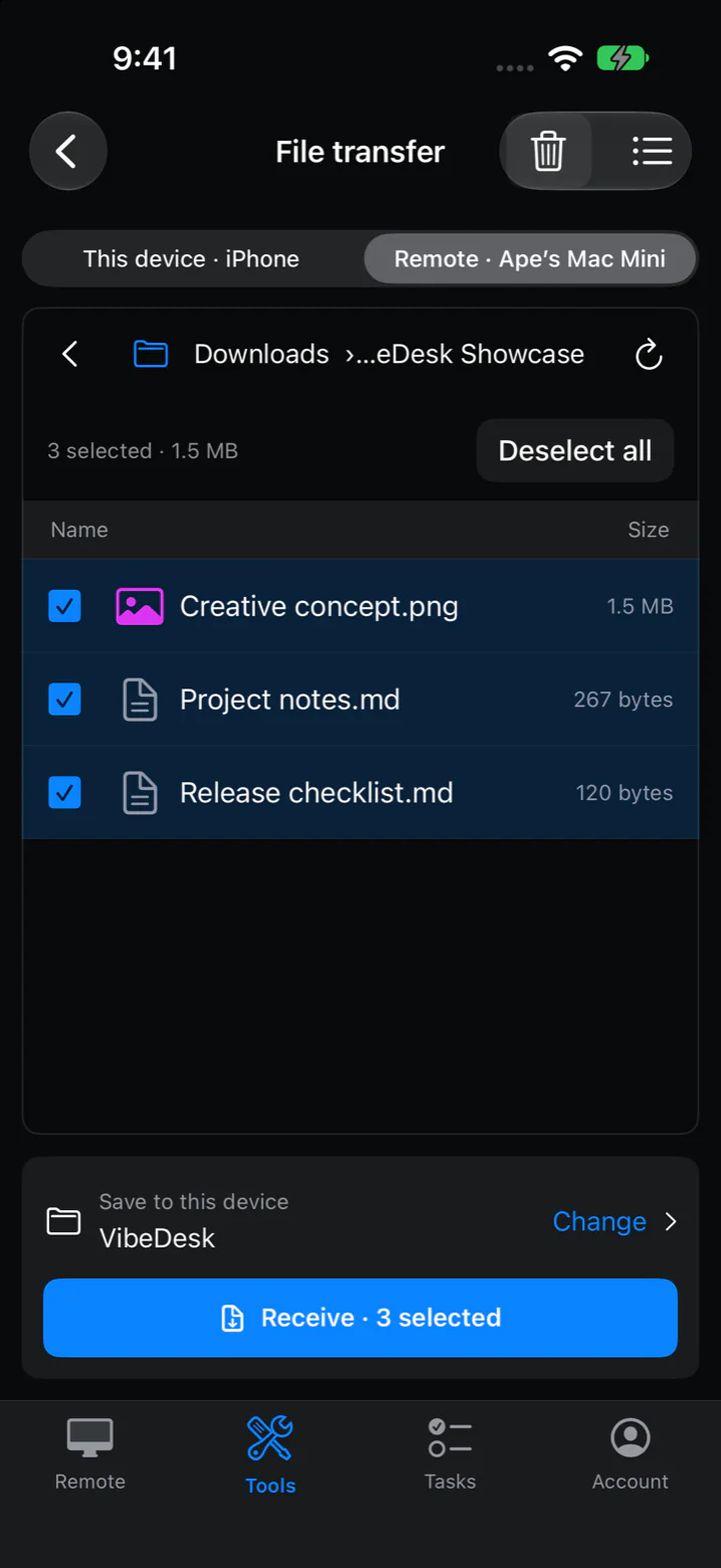 Screenshot: VibeDesk File transfer on iPhone, browsing a folder on the remote Mac with three files selected to receive.