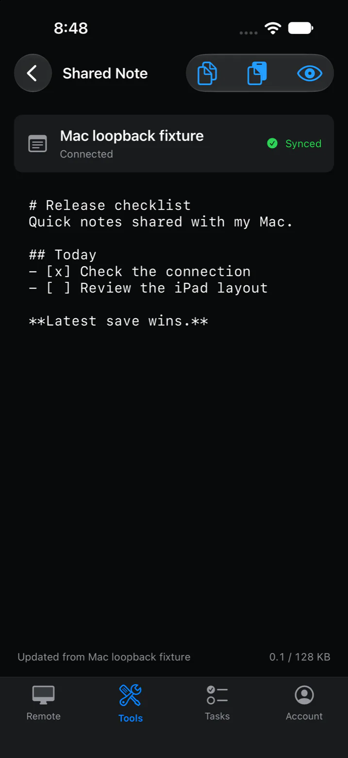 Screenshot: the VibeDesk Shared Note on iPhone, synced with a Mac, showing a Markdown release checklist.
